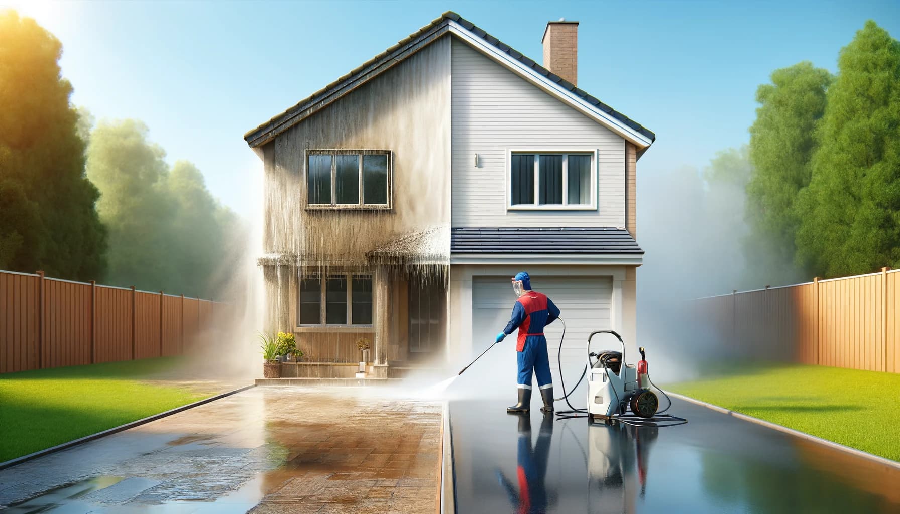 Pressure Washer cleaning a house with half of it dirty and half sparkling